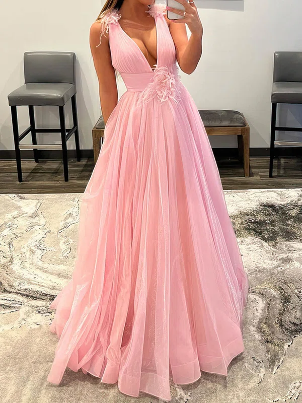 Ball Gown/Princess Floor-length V-neck Organza Flower(s) Prom Dresses #UKM020108006