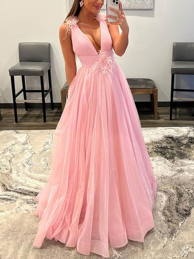 Ball Gown/Princess Floor-length V-neck Organza Flower(s) Prom Dresses #UKM020108006