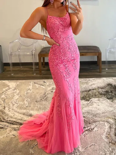 Sheath/Column Scoop Neck Backless Tulle Prom Dresses With Appliques #UKM020108008