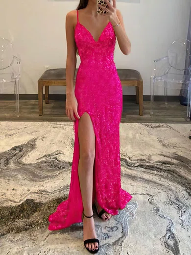 Sheath/Column V-neck Sparkly Sequin Prom Dresses With Fringe #UKM020108015