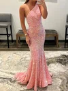 Sheath/Column One Shoulder Velvet Sequins Sweep Train Prom Dresses #UKM020108016