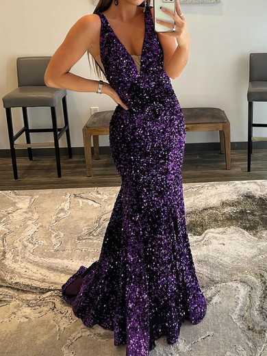 Mermaid V-neck Sparkly Velvet Sequin Backless Prom Dresses #UKM020108017