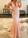 Mermaid V-neck Sparkly Velvet Sequin Backless Prom Dresses #UKM020108019