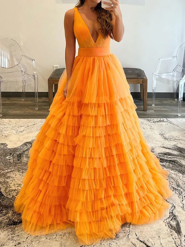 Ball Gown V-neck Tulle Ruffle Tiered Prom Dresses #UKM020108021