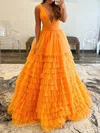 Ball Gown V-neck Tulle Ruffle Tiered Prom Dresses #UKM020108021