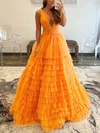 Ball Gown/Princess Floor-length V-neck Tulle Tiered Prom Dresses #UKM020108021