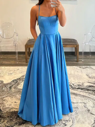 A-line Square Neckline Satin Floor-length Pockets Prom Dresses #SALEUKM020108024