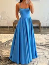 A-line Floor-length Square Neckline Satin Pockets Prom Dresses #UKM020108024