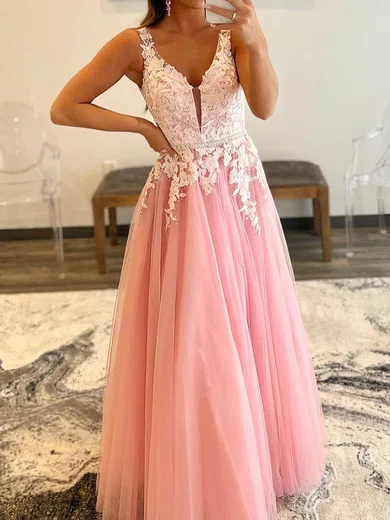 A-line V-neck Ruched Tulle Prom Dresses With Appliques #UKM020108025