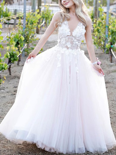 A-line V-neck Tulle Floor-length Appliques Lace Prom Dresses #UKM020108026