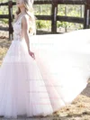 A-line V-neck Tulle Floor-length Appliques Lace Prom Dresses #UKM020108026