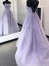 Ball Gown Scoop Neck Tulle Sweep Train Appliques Lace Prom Dresses #UKM020108029