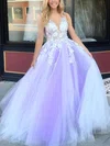 Ball Gown V-neck Tulle Floor-length Appliques Lace Prom Dresses #UKM020108030