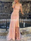 Sheath/Column Strapless Tulle Floor-length Appliques Lace Prom Dresses #UKM020108034