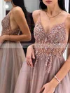 A-line V-neck Tulle Floor-length Beading Prom Dresses #UKM020108035