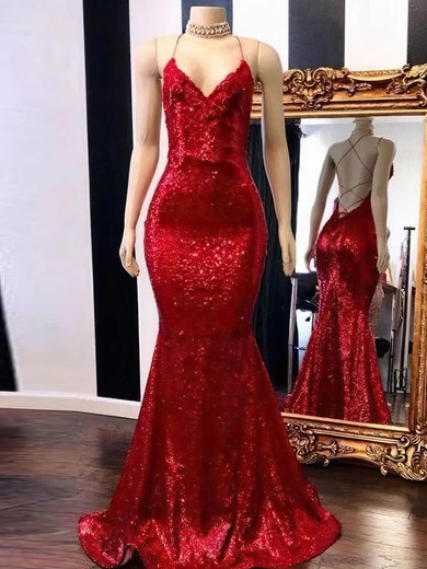 Trumpet/Mermaid V-neck Sequined Sweep Train Prom Dresses #UKM020108040