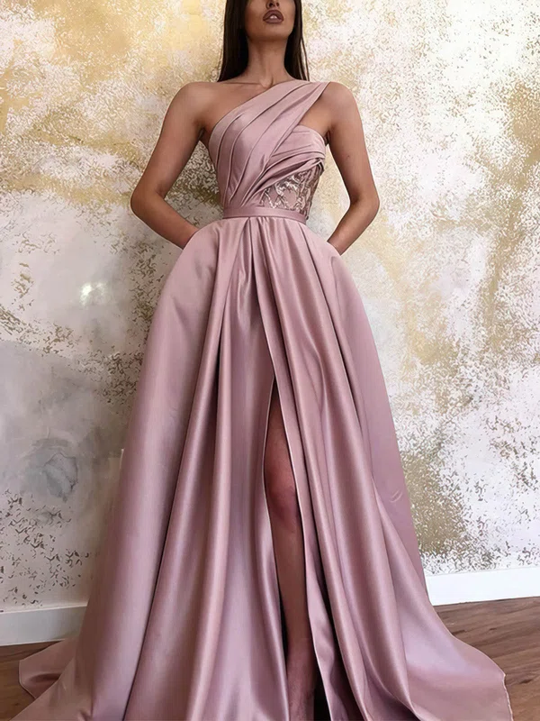 Princess One Shoulder Satin Floor-length Ruffles Prom Dresses #UKM020108041