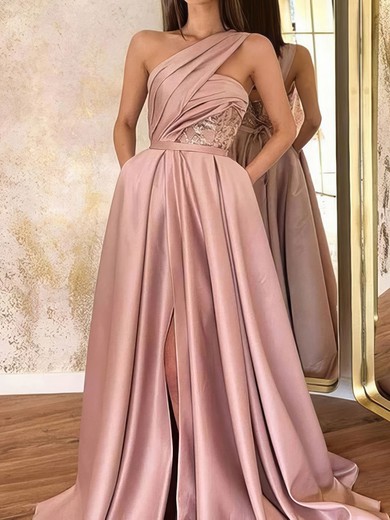 Ball Gown/Princess Floor-length One Shoulder Satin Appliques Lace Prom Dresses #UKM020108041