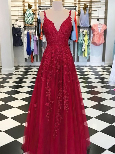 A-line V-neck Tulle Floor-length Appliques Lace Prom Dresses #UKM020108046