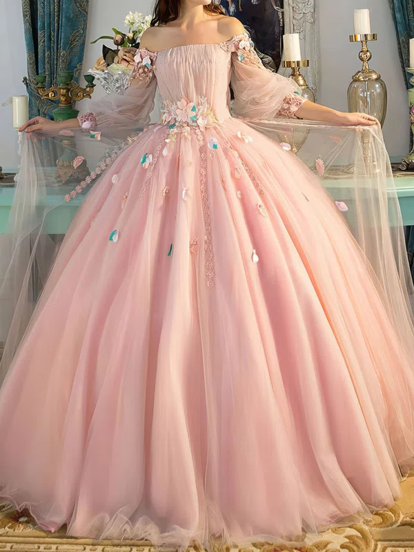 Ball Gown/Princess Floor-length Off-the-shoulder Tulle Flower(s) Prom Dresses #UKM020108051