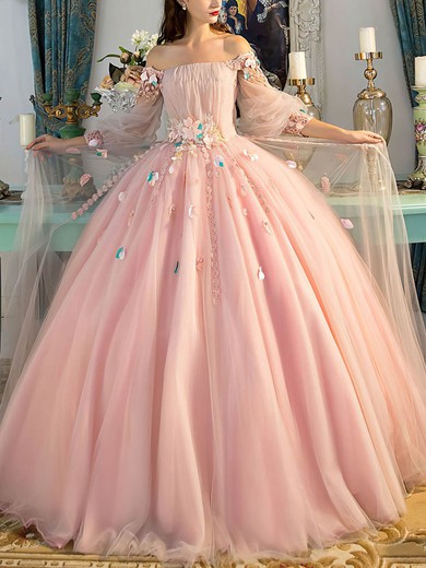 Ball Gown Off-the-shoulder Tulle Floor-length Flower(s) Prom Dresses #UKM020108051