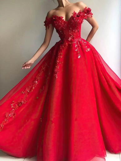 Ball Gown/Princess Floor-length Off-the-shoulder Tulle Appliques Lace Prom Dresses #UKM020108052