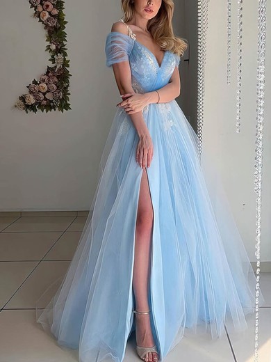 A-line V-neck Tulle Floor-length Appliques Lace Prom Dresses #UKM020108059