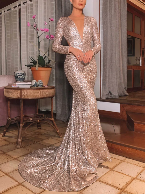 Trumpet/Mermaid Sweep Train V-neck Sequined Long Sleeves Prom Dresses #UKM020108061