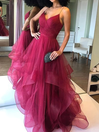 Ball Gown/Princess Floor-length V-neck Glitter Ruffles Prom Dresses #UKM020108062