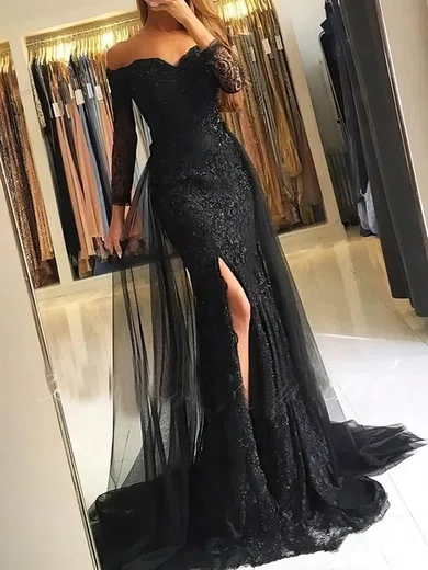 Sheath/Column Off-the-shoulder Lace Tulle Prom Dresses With Appliques #UKM020108063