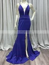 Trumpet/Mermaid V-neck Jersey Sweep Train Split Front Prom Dresses #UKM020108075
