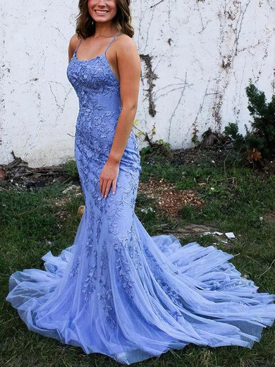 Trumpet/Mermaid Scoop Neck Lace Tulle Sweep Train Appliques Lace Prom Dresses #UKM020108078
