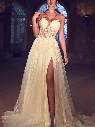 A-line V-neck Tulle Sweep Train Appliques Lace Prom Dresses #UKM020108080