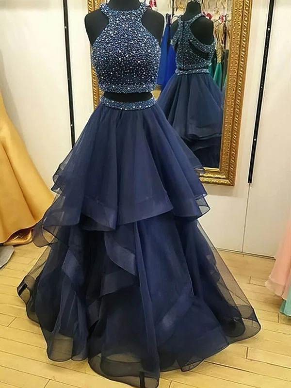 Ball Gown Scoop Neck Tulle Sweep Train Beading Prom Dresses #UKM020108081