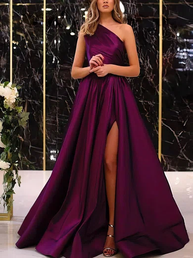 Ball Gown One Shoulder Satin Prom Dresses With Ruched #UKM020108084