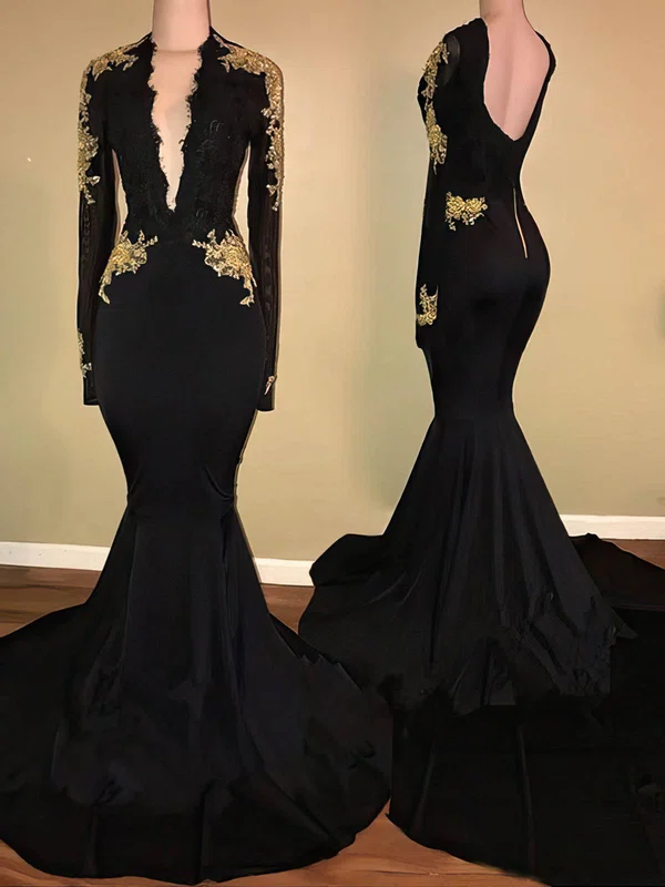 Trumpet/Mermaid V-neck Jersey Sweep Train Appliques Lace Prom Dresses #UKM020108086