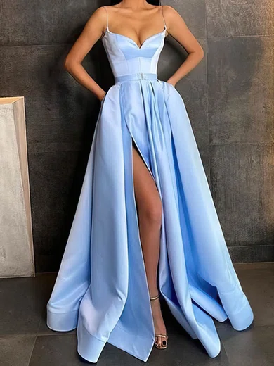 Ball Gown V-neck Satin Prom Dresses With Split #UKM020108088