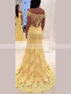 Trumpet/Mermaid Off-the-shoulder Lace Tulle Sweep Train Appliques Lace Prom Dresses #UKM020108089