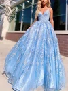 Ball Gown/Princess Sweep Train V-neck Lace Tulle Appliques Lace Prom Dresses #UKM020108093