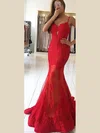 Trumpet/Mermaid V-neck Tulle Sweep Train Appliques Lace Prom Dresses #UKM020108095