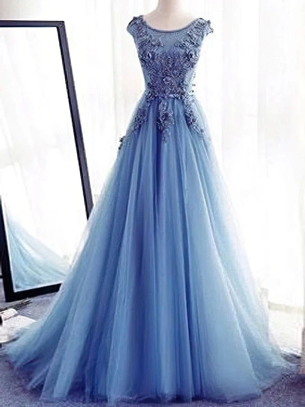 A-line Scoop Neck Tulle Sweep Train Appliques Lace Prom Dresses #UKM020108097