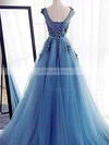 A-line Scoop Neck Tulle Sweep Train Appliques Lace Prom Dresses #UKM020108097