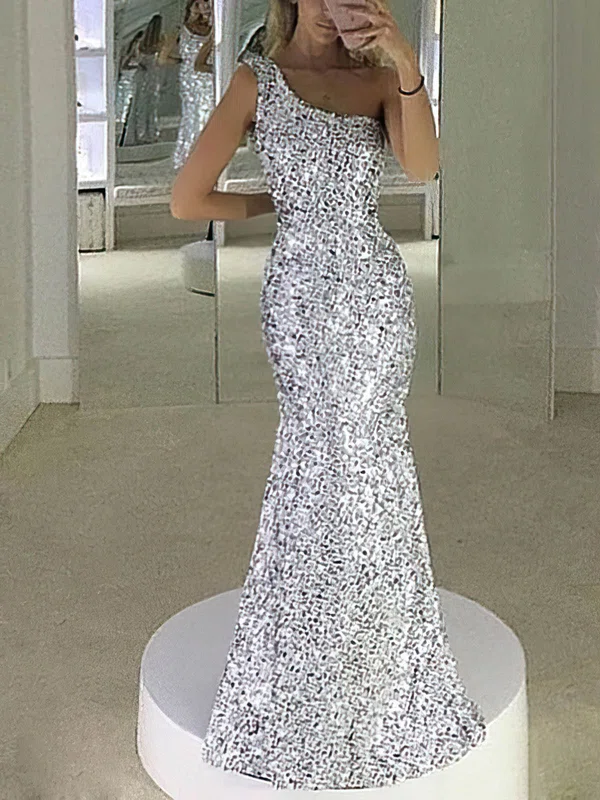 Sheath/Column Floor-length One Shoulder Sequined  Elegant Prom Dresses #UKM020108098