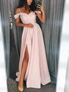 A-line Floor-length Off-the-shoulder Silk-like Satin Split Front Prom Dresses #UKM020108115
