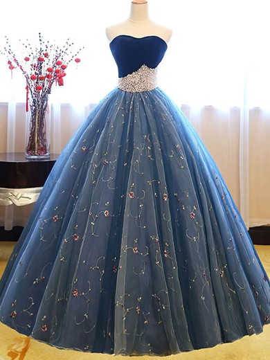 Ball Gown Strapless Tulle Sweep Train Beading Prom Dresses #UKM020108118