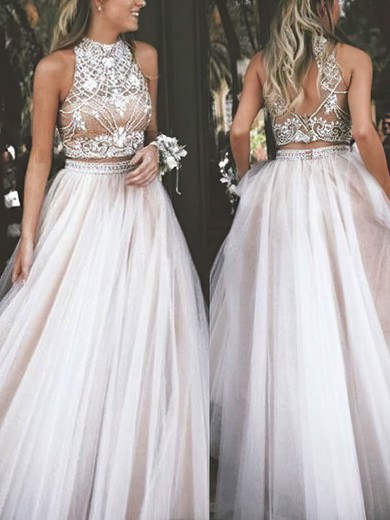 A-line Scoop Neck Tulle Sweep Train Beading Prom Dresses #UKM020108122