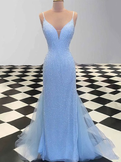 Sheath/Column V-neck Tulle Sequined Sweep Train Prom Dresses #UKM020108123