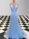 Sheath/Column V-neck Tulle Sequined Sweep Train Prom Dresses #UKM020108123