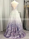 A-line V-neck Tulle Sweep Train Appliques Lace Prom Dresses #UKM020108124