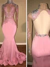 Trumpet/Mermaid High Neck Lace Jersey Sweep Train Appliques Lace Prom Dresses #UKM020108127